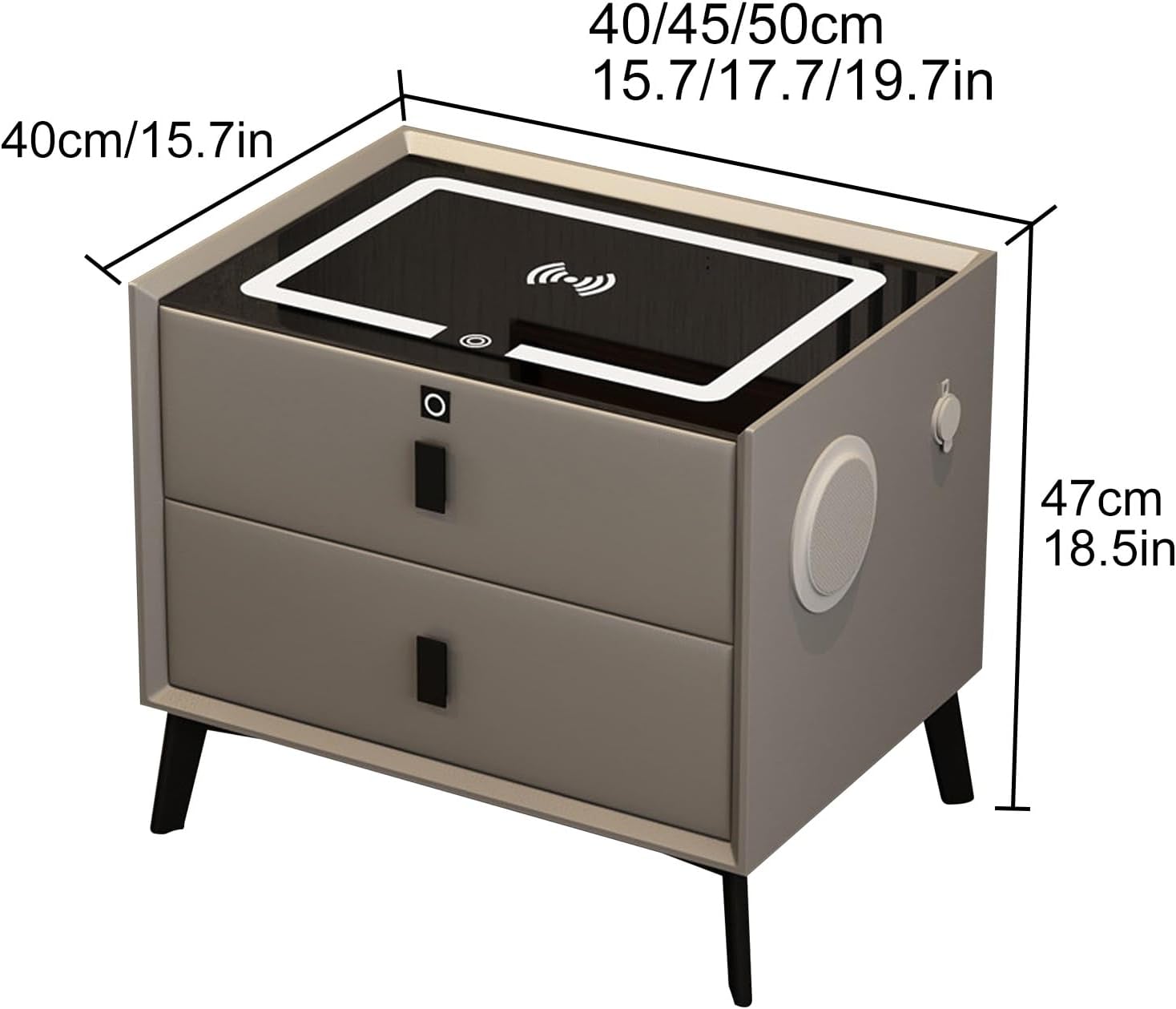 Smart bedside table with Qi wireless charging pad on top, USB ports, ambient night light, and two drawers.