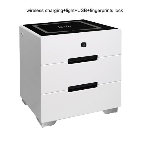 Smart bedside table with wireless charging top, USB ports, two drawers, white with ambient night light.