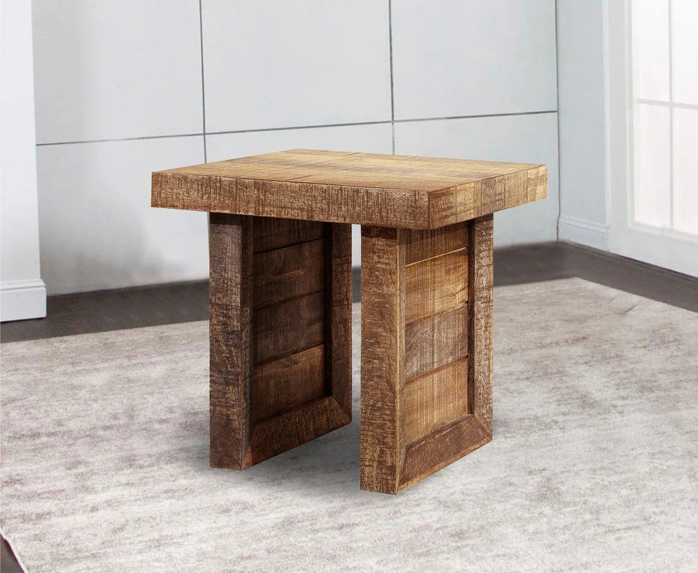 Solid wood butcher block style end table with warm finish and chunky block legs.