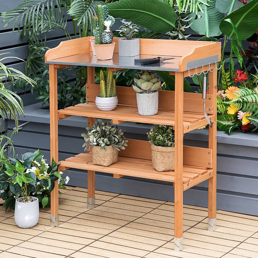 Solid Wood Outdoor Garden Bench Table With Bottom Storage Shelves And Metal Top with side hooks.