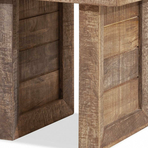 Solid wood butcher block end table in warm finish with paneled sides, ideal for sofas.