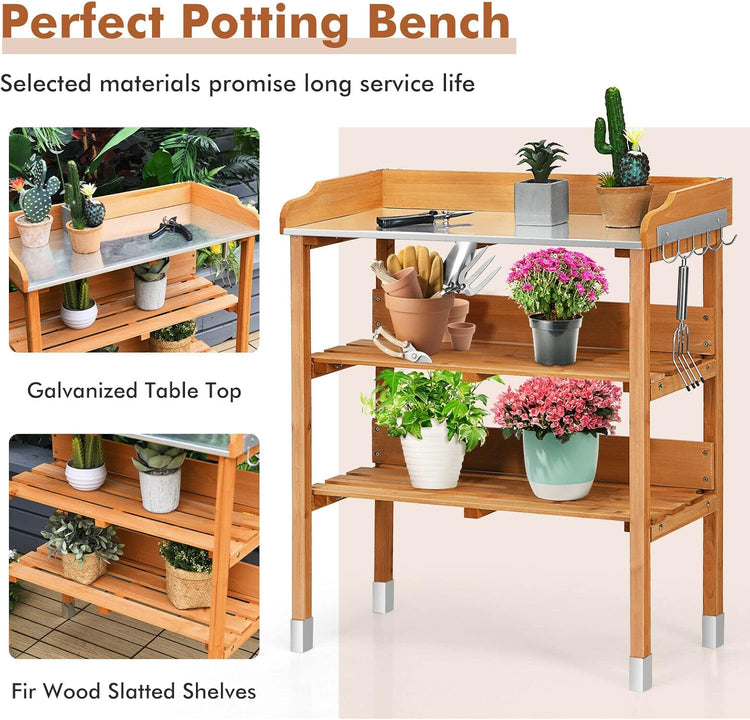 Solid wood outdoor garden bench table with a metal top, bottom storage shelves, and side hooks.