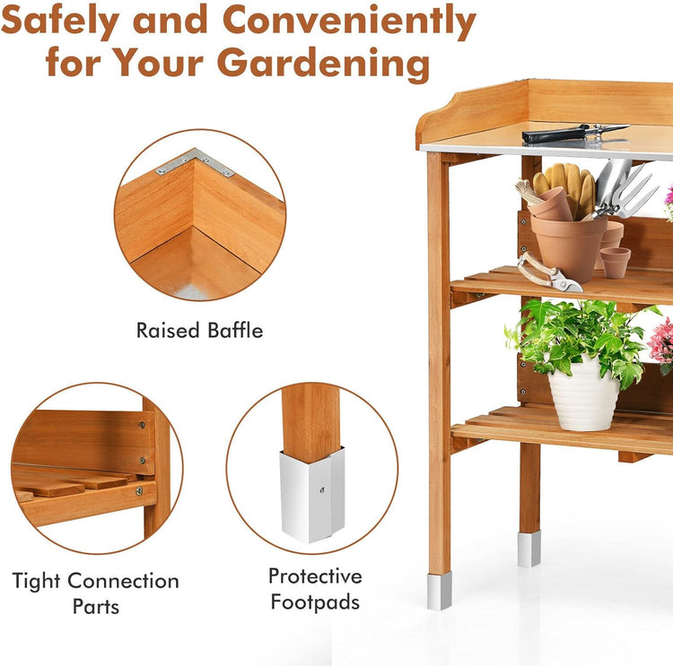 Solid wood outdoor garden bench table with bottom storage shelves and metal top.