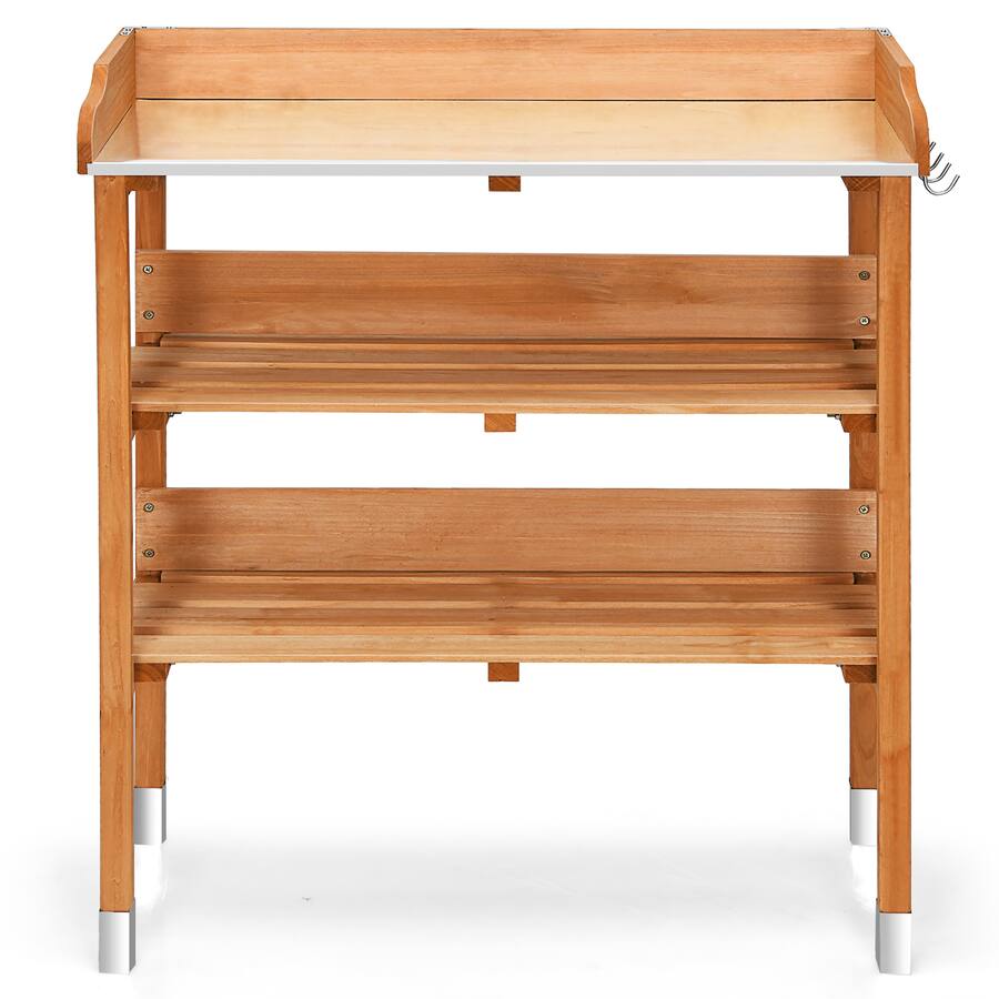 Solid wood outdoor garden bench table with bottom storage shelves and metal top