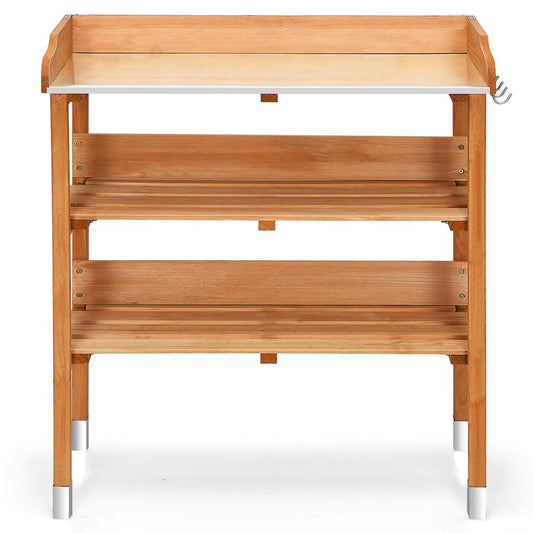 Solid wood outdoor garden bench table with bottom storage shelves and metal top