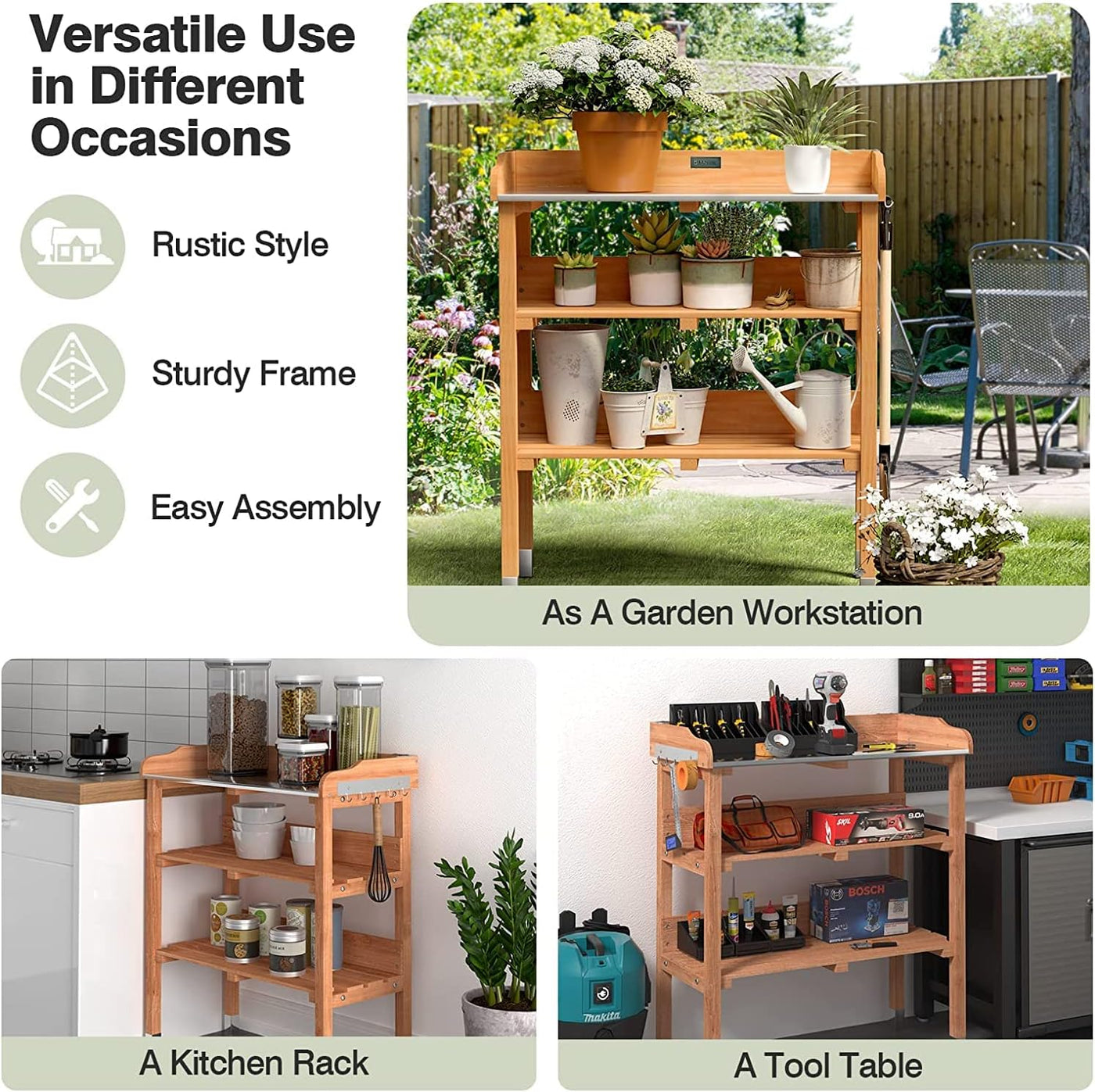 Solid wood outdoor garden bench table with bottom storage shelves and metal top, rustic all-in-one workstation