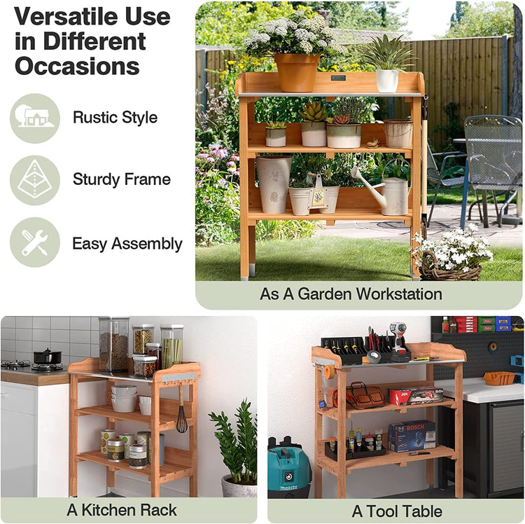 Solid wood outdoor garden bench table with bottom storage shelves and metal top, rustic all-in-one workstation
