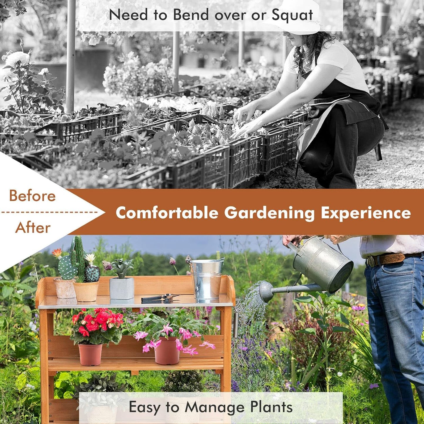 Solid wood outdoor garden bench table with bottom storage shelves and metal top, shown with potted plants in a garden.
