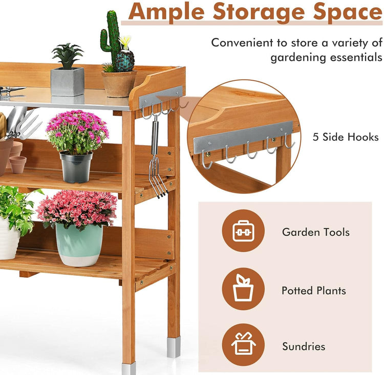 Solid wood outdoor garden bench table with bottom storage shelves, metal top, and five side hooks.