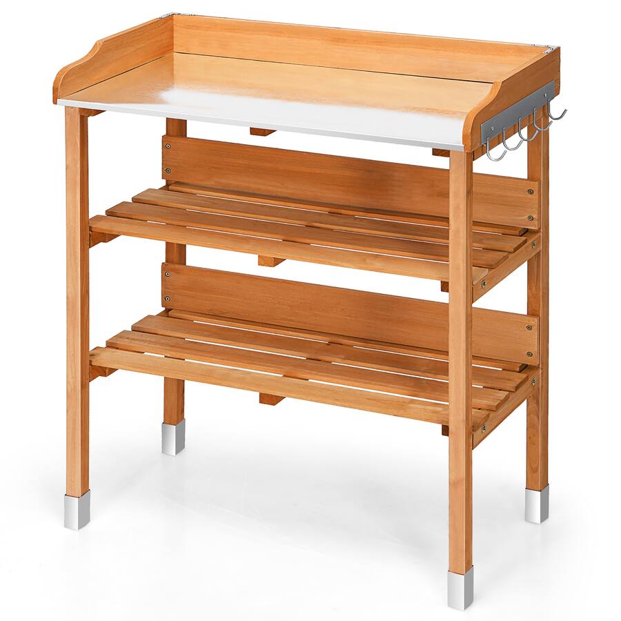 Solid wood outdoor garden bench table with bottom storage shelves, metal top, and side hooks.