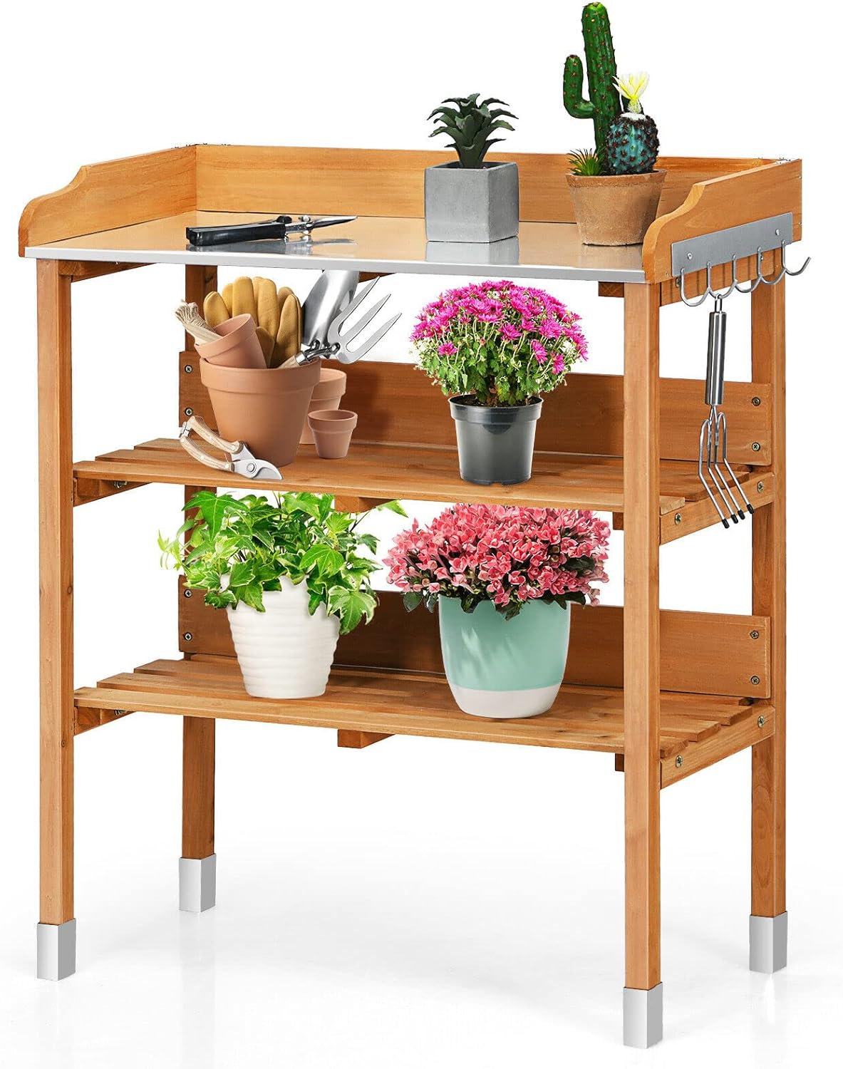 Solid wood outdoor garden bench table with metal top, bottom storage shelves, and side hooks.
