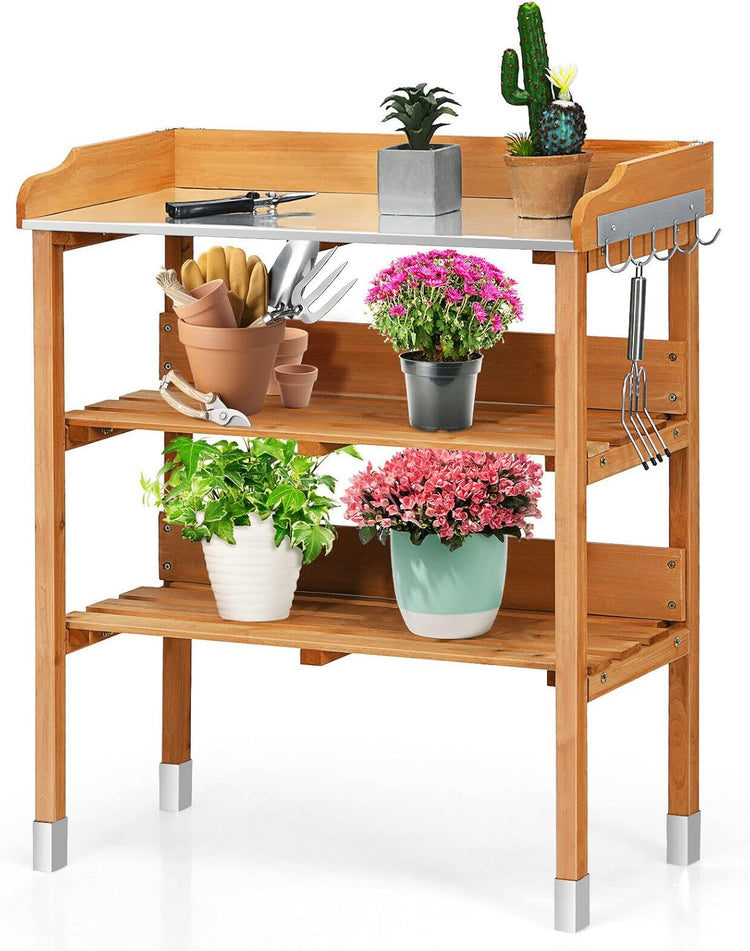 Solid wood outdoor garden bench table with metal top, bottom storage shelves, and side hooks.