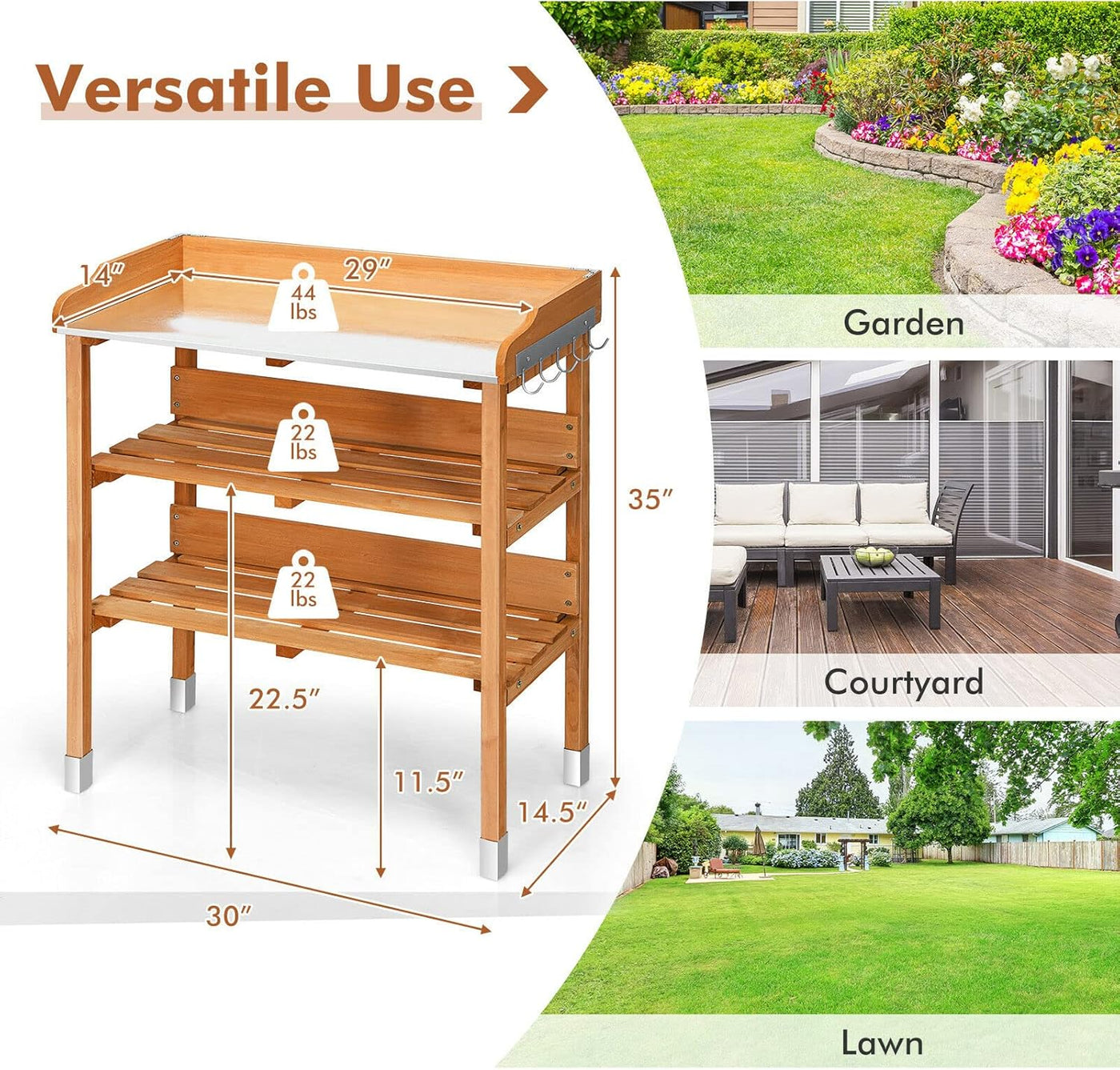 Solid wood outdoor garden bench table with bottom storage shelves and metal top.