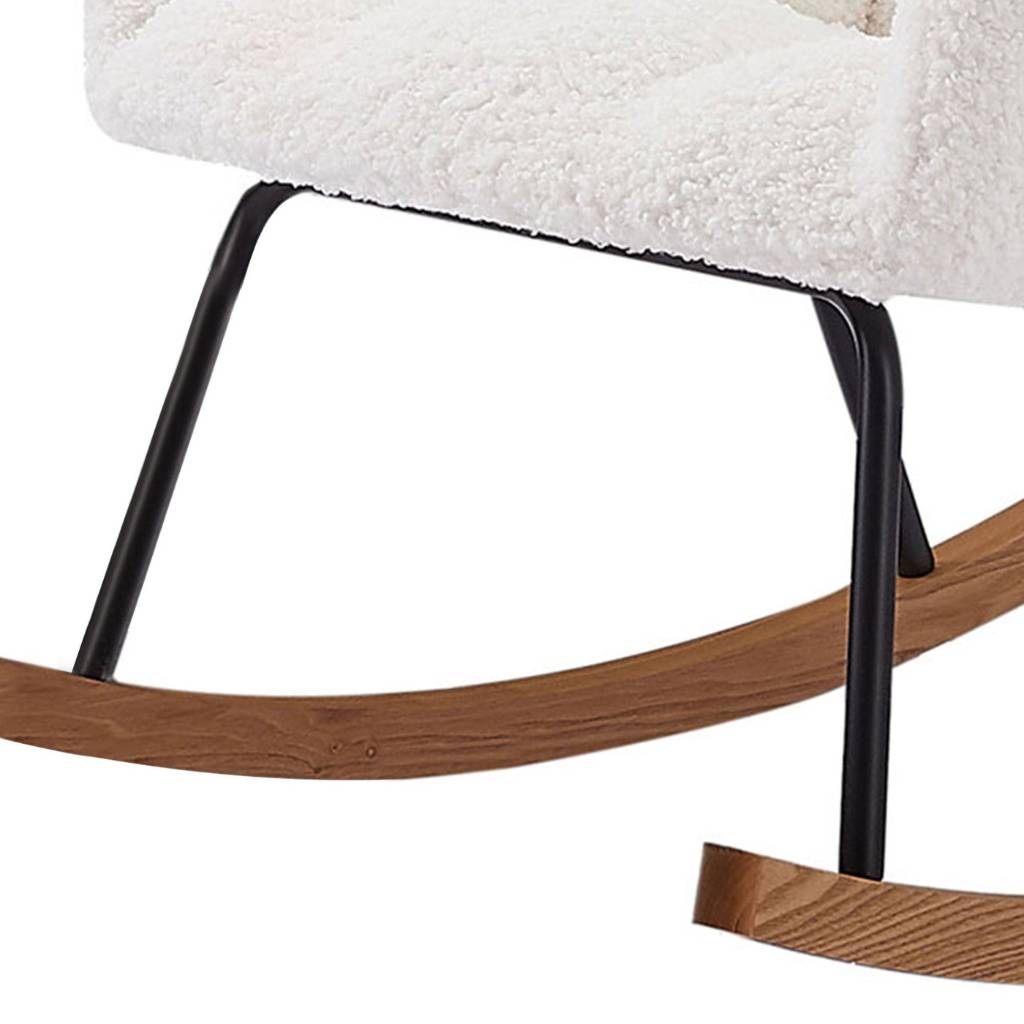 Ergonomic white plush rocker designed for full back support; includes natural curved wooden rockers and a stylish high-profile headrest.