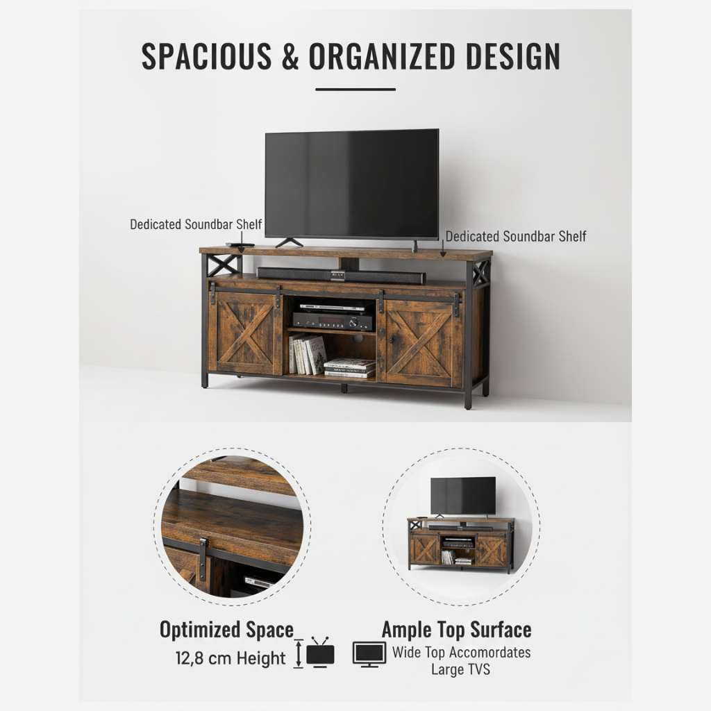 65 Inch TV Stand With Adjustable Shelves Brown And Black, rustic industrial TV console with barn-door fronts.