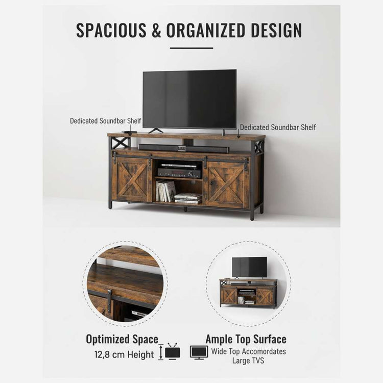 65 Inch TV Stand With Adjustable Shelves Brown And Black, rustic industrial TV console with barn-door fronts.