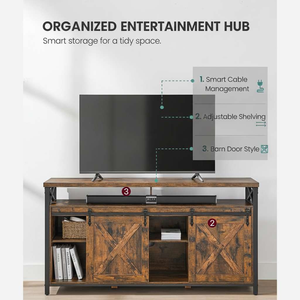 65 Inch TV Stand with Adjustable Shelves, Brown and Black, rustic barn-door design with TV and soundbar