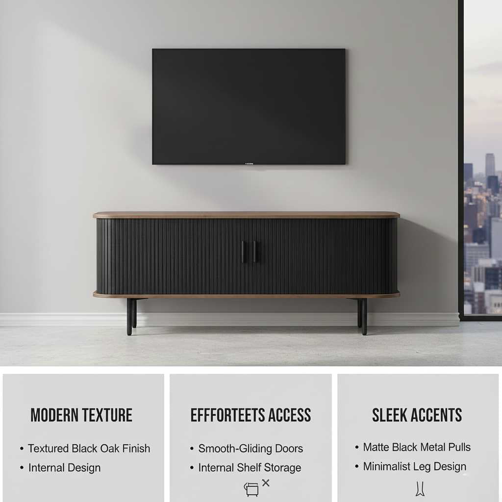 47-inch black TV mounted above a curved ribbed black storage console with sliding doors and a wood top.