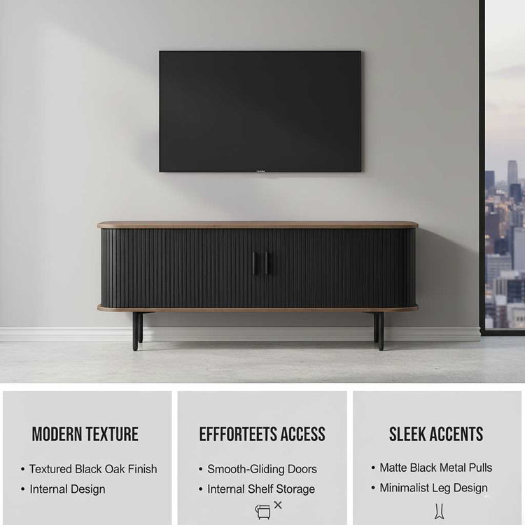 47-inch black TV mounted above a curved ribbed black storage console with sliding doors and a wood top.