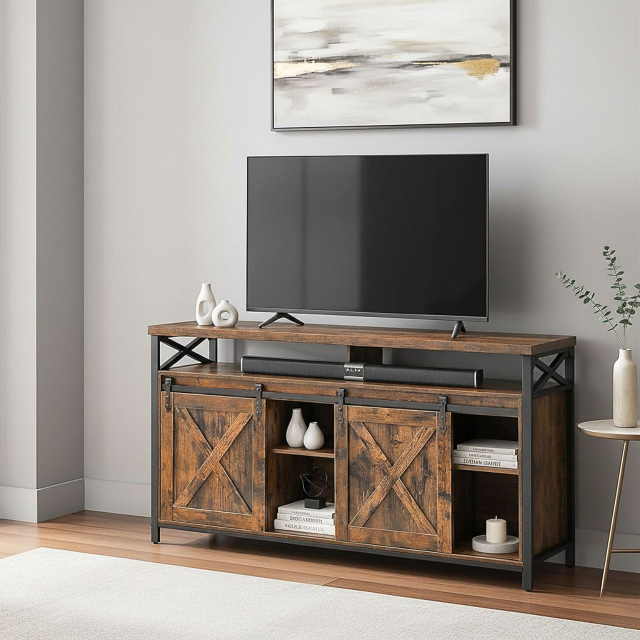 65 inch TV stand with adjustable shelves in brown and black, farmhouse style with metal frame and barn doors