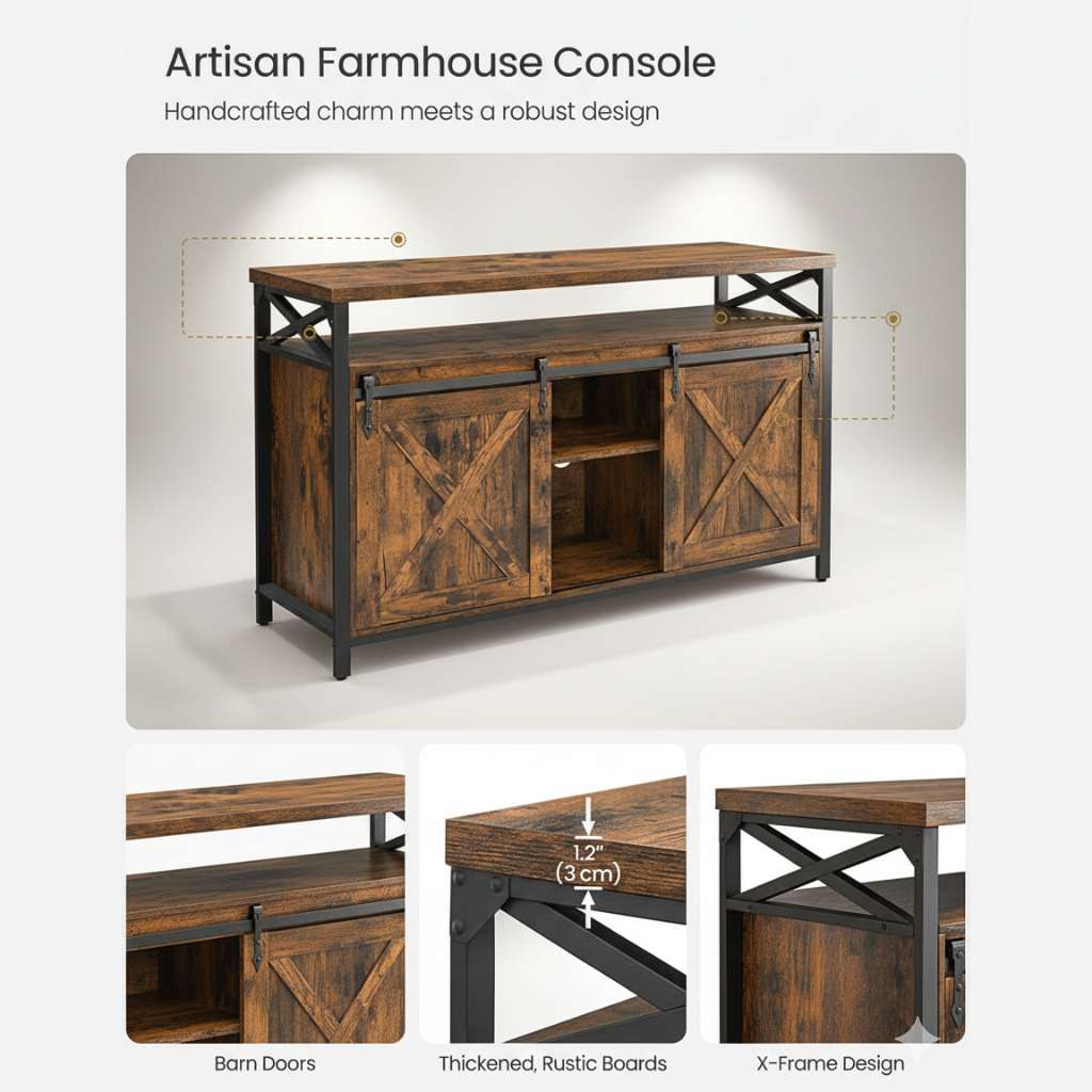 65-inch TV stand with adjustable shelves in brown and black, barn-door style with X-frame metal accents