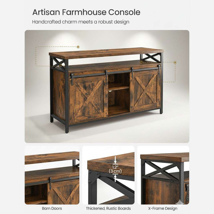 65-inch TV stand with adjustable shelves in brown and black, barn-door style with X-frame metal accents