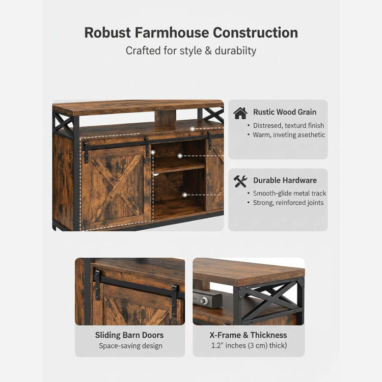 65 inch TV stand with adjustable shelves in brown and black, featuring sliding barn doors and a rustic industrial design