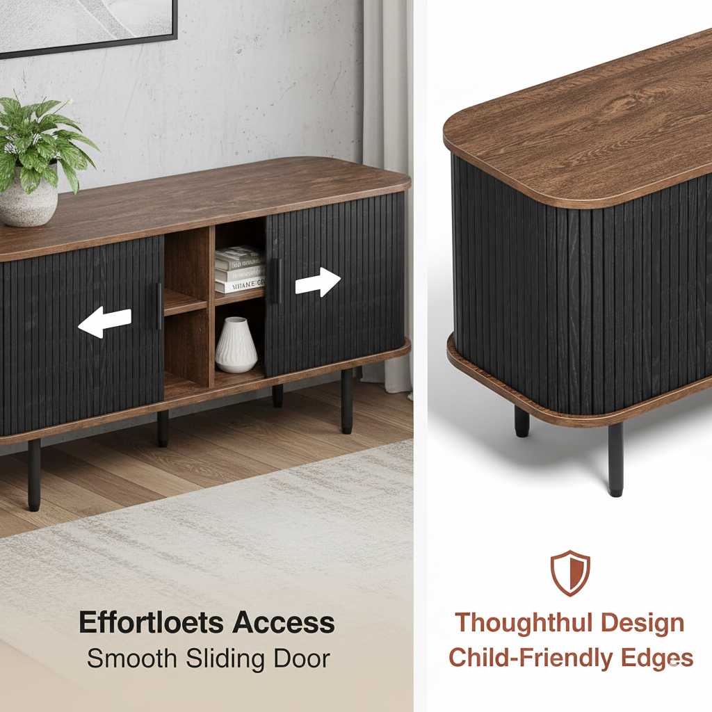 47-inch black TV stand with sliding doors and storage, curved mid-century silhouette, wood top, black slatted doors.