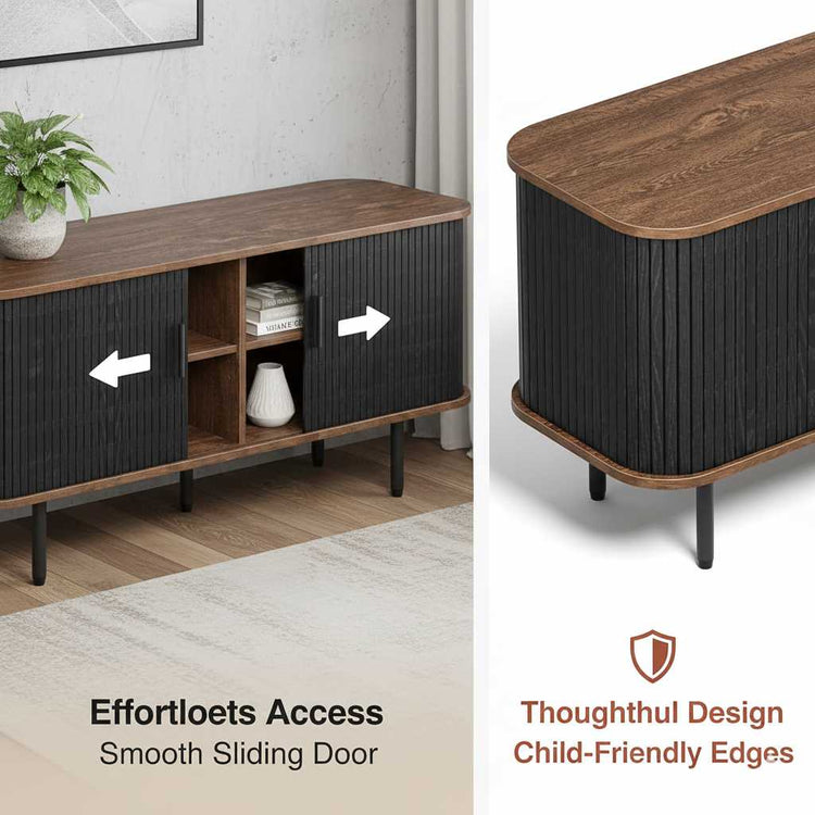 47-inch black TV stand with sliding doors and storage, curved mid-century silhouette, wood top, black slatted doors.