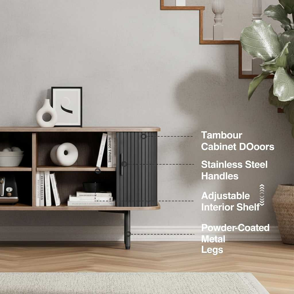 47-inch black TV stand with tambour cabinet doors, sliding doors, and storage shelves, powder-coated metal legs.