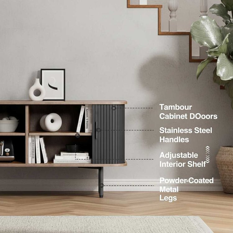 47-inch black TV stand with tambour cabinet doors, sliding doors, and storage shelves, powder-coated metal legs.