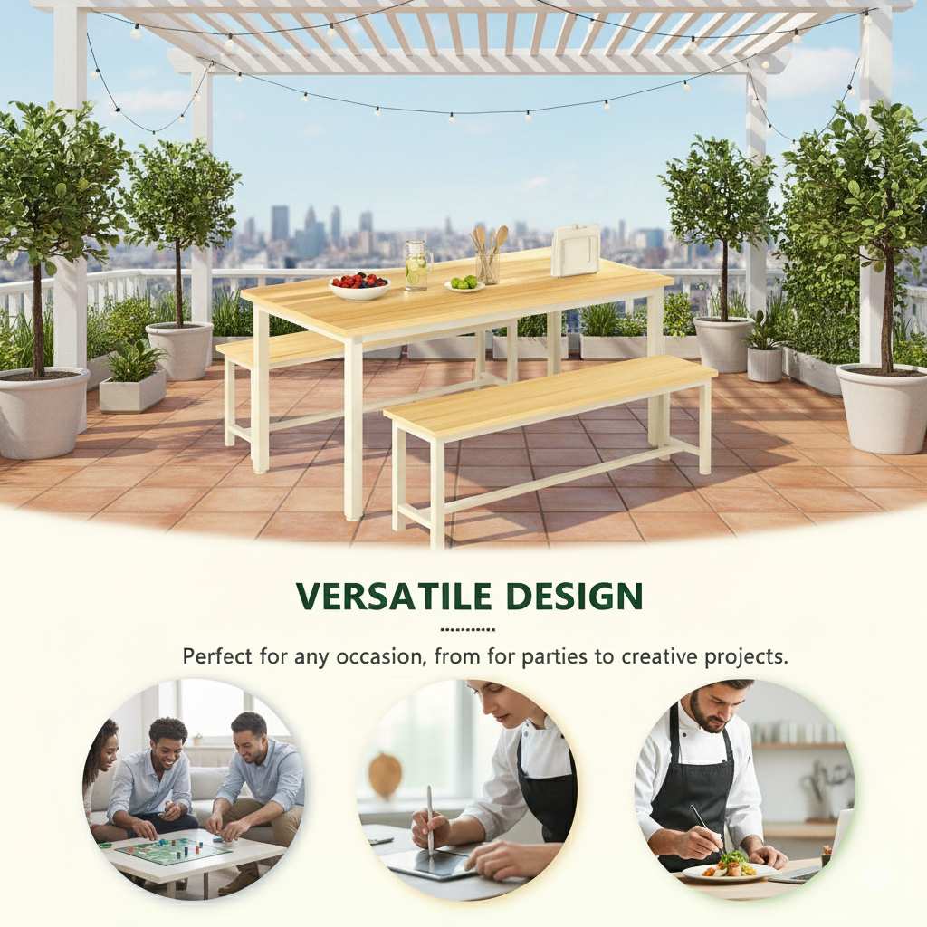 Dining Table Set Gold White with benches on a rooftop terrace; compact, space-saving for small spaces.