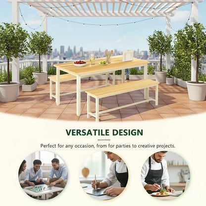 Dining Table Set Gold White with benches on a rooftop terrace; compact, space-saving for small spaces (feature callout)