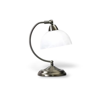 Table lamp with white glass shade and metallic base on a white background