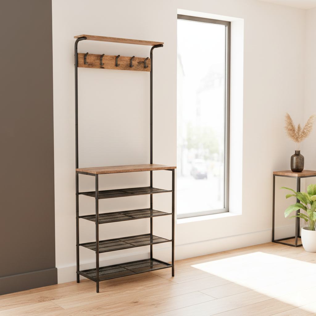 Tall metal and wood shelf with coat rack against a wall in a room with a window and plants.