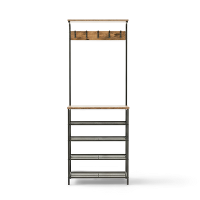 Tall metal shelf with wooden top and hooks on a white background