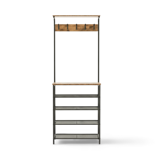 Tall metal shelf with wooden top and hooks on a white background