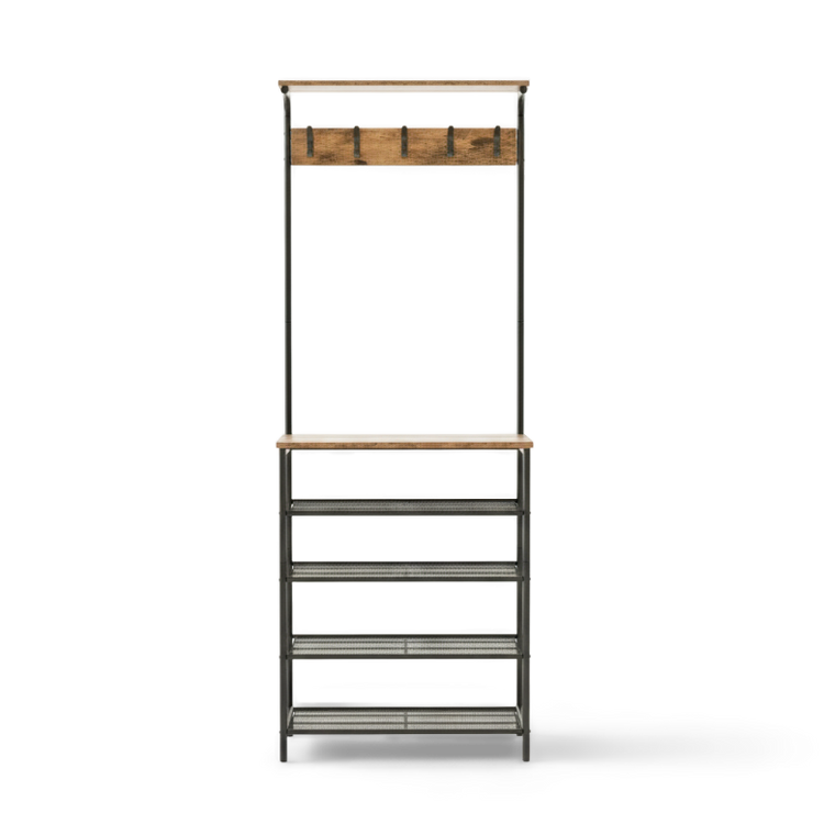 Tall metal shelf with wooden top and hooks on a white background