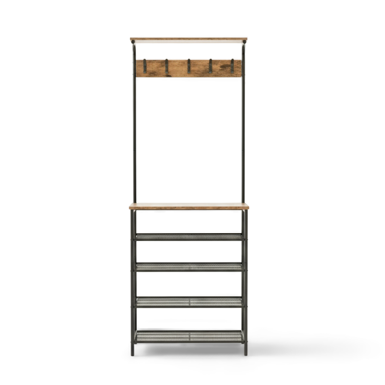 Tall metal shelf with wooden top and hooks on a white background