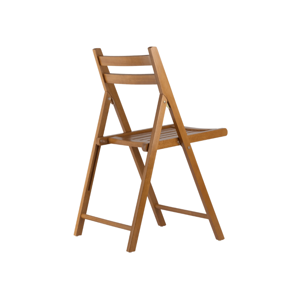 Teak folding chair with slatted seat and back, space-saving foldable for indoor or outdoor use.