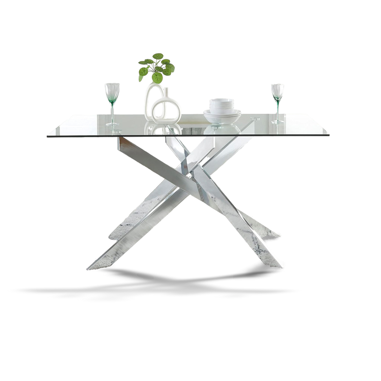 Modern glass dining table with metal base on a white background