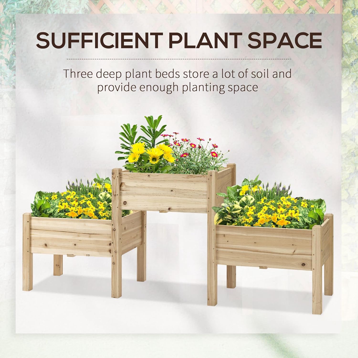 Three wooden raised garden beds with plants Specs