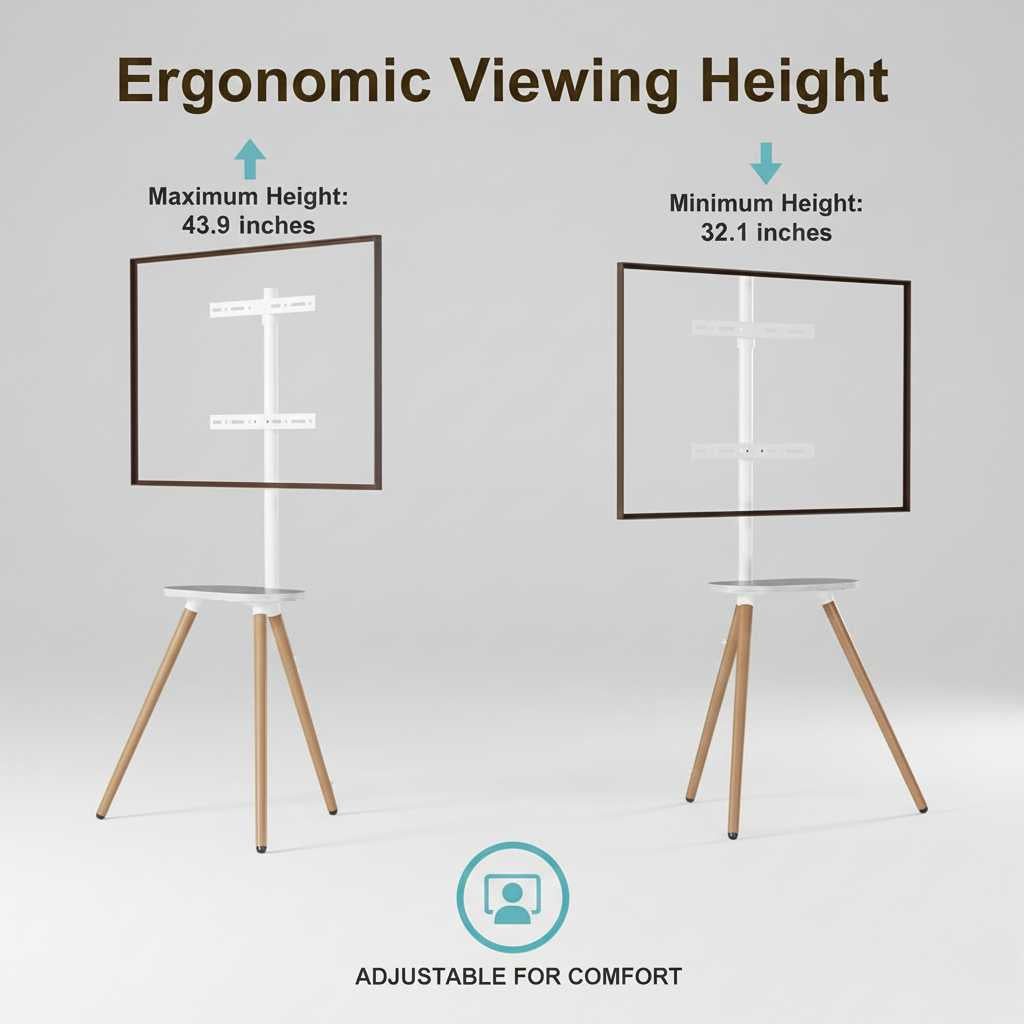 Tripod TV Stand 40-65 inch, white with wooden tray; adjustable height and swivel for cinema-quality viewing