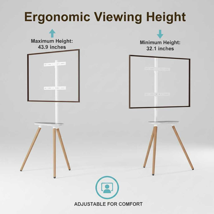 Tripod TV Stand 40-65 inch, white with wooden tray; adjustable height and swivel for cinema-quality viewing
