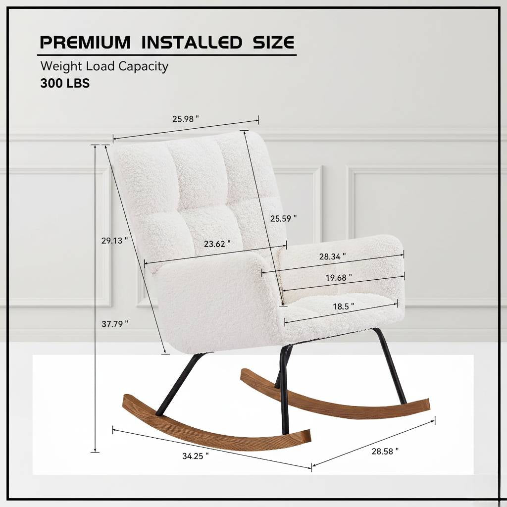 Tufted white rocking chair with high backrest and wooden curved rockers for a stylish living room centerpiece.