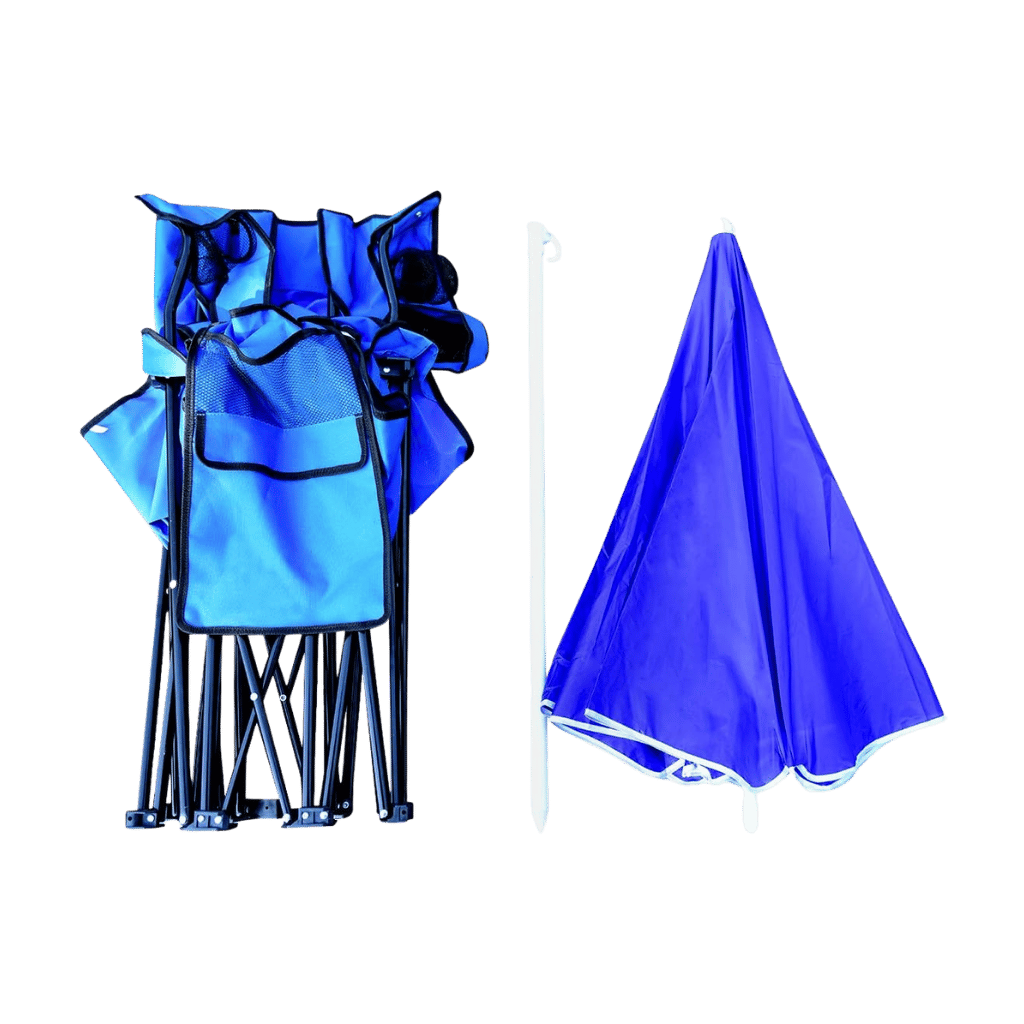 Two-person folding outdoor chair with removable sun umbrella.