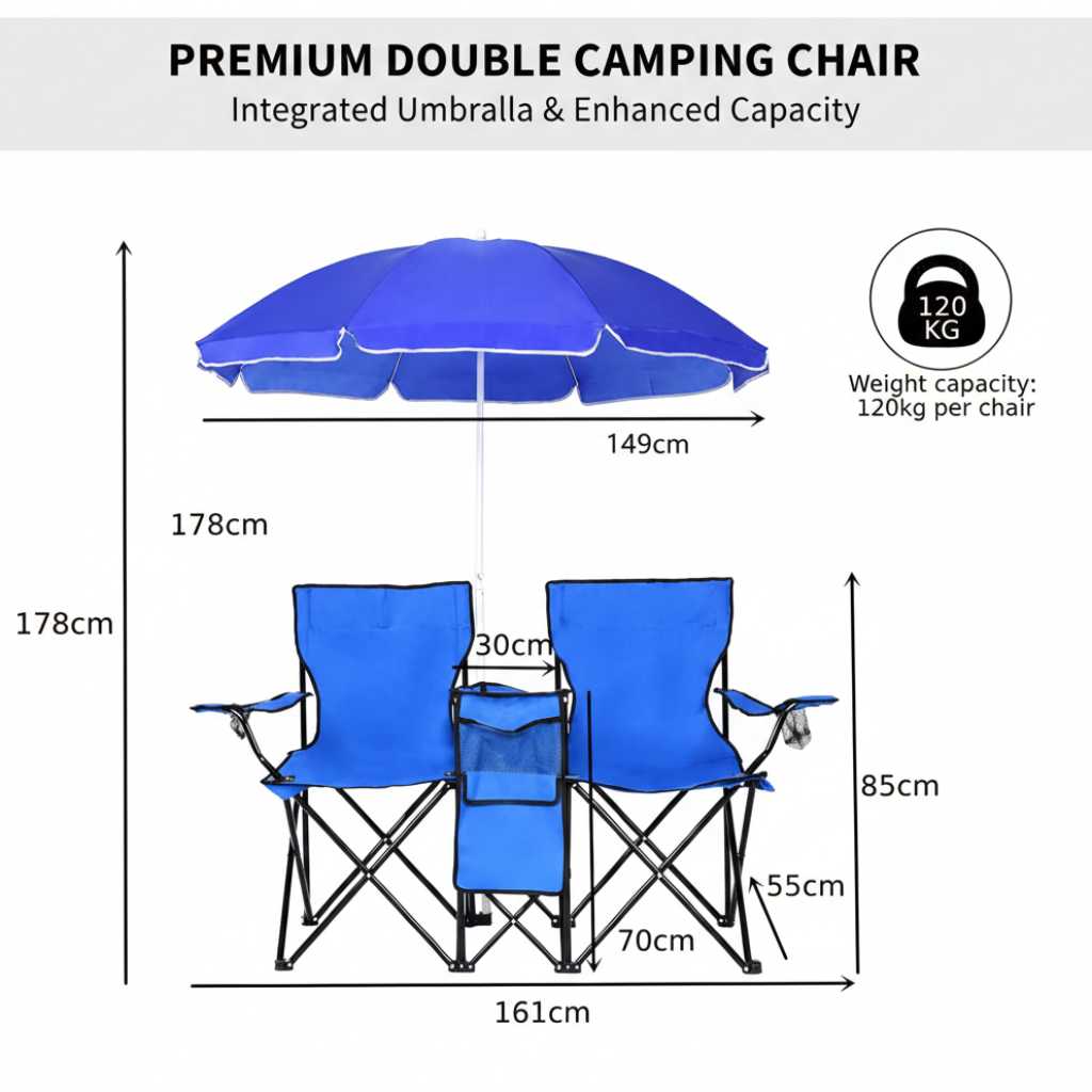 Two-person portable outdoor chair with removable sun umbrella for built-in shade (folding beach chair).