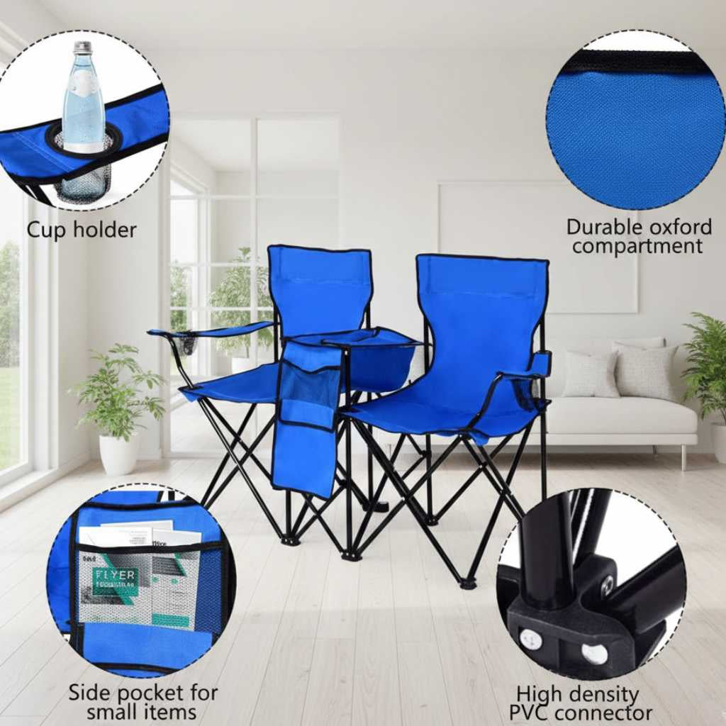 Two-person portable outdoor chair with removable sun umbrella, cup holder and side pockets.