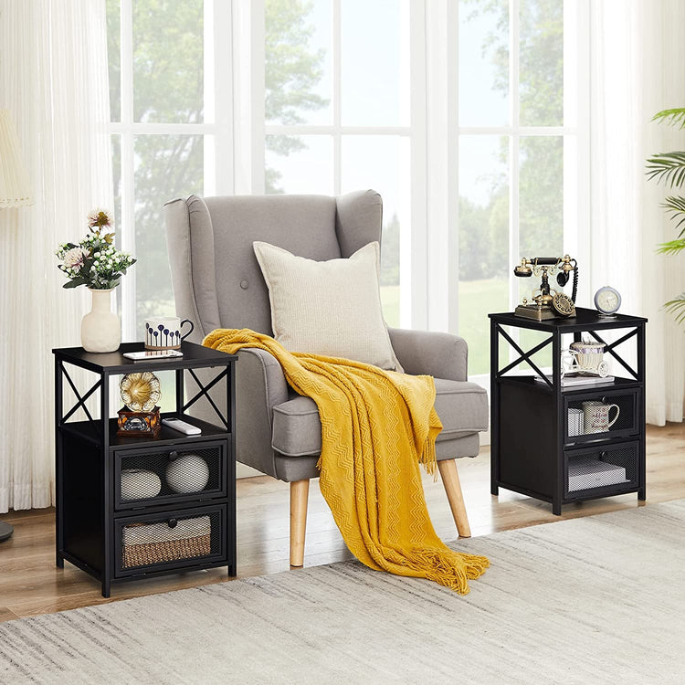 Two X Design Black Nightstand End Tables With Flip Drawers Metal flanking a gray armchair with a mustard throw.