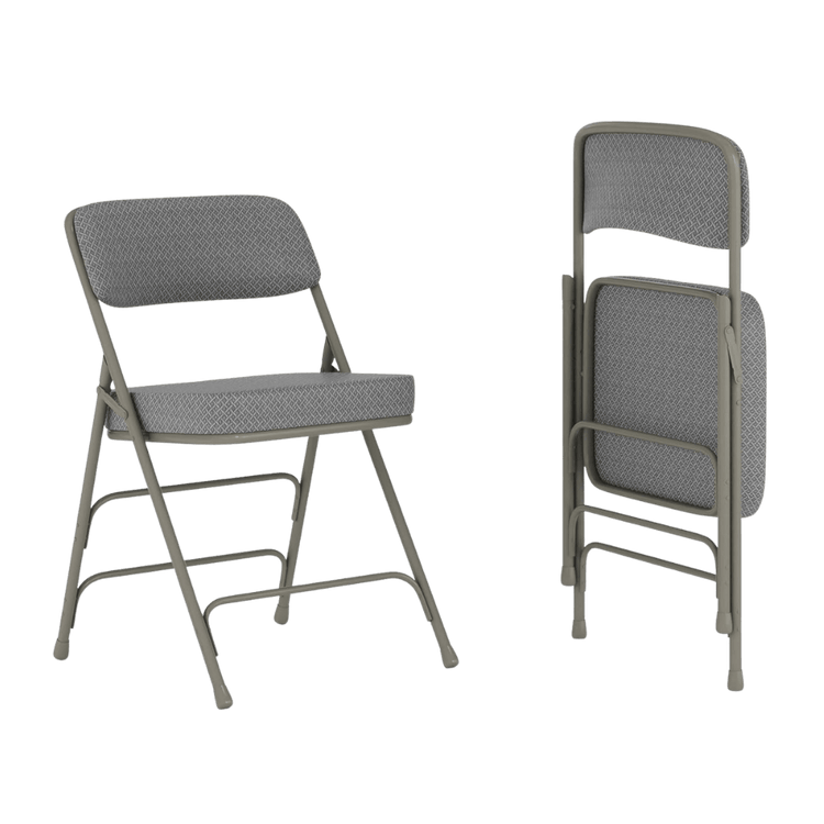 Two gray folding chairs on a transparent background